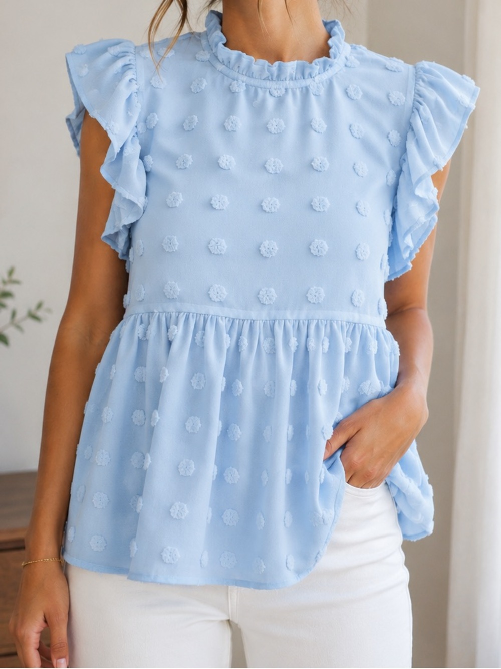 Light Blue Ruffle Sleeve Swiss Dot Peplum Top